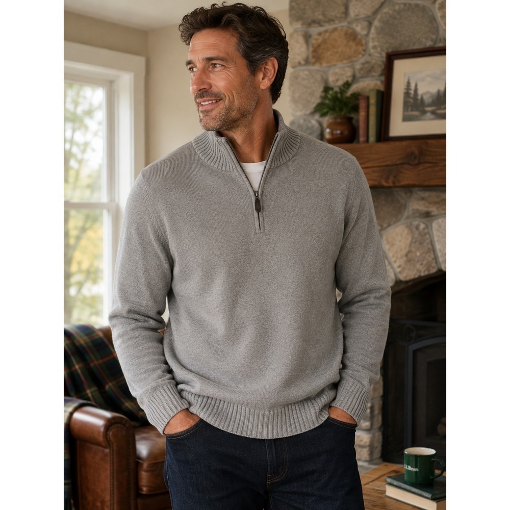 L.L. Bean Mens L 100% Cotton Quarter Zip Sweater Gray Rib Knit Preppy